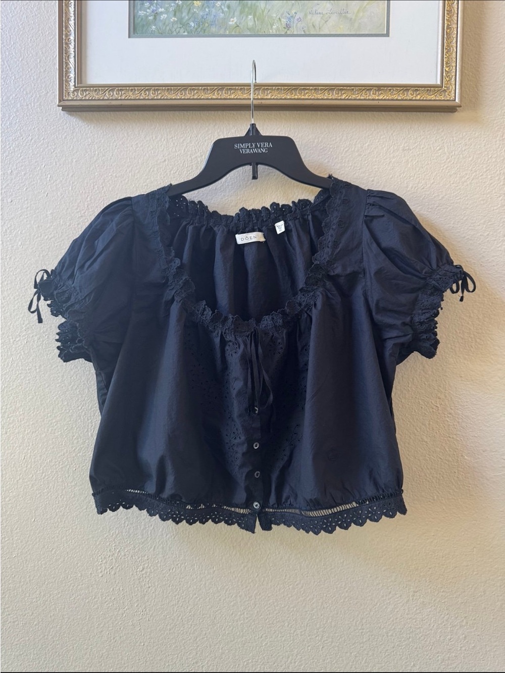 Doen black Nera cotton shirt short sleeve blouse crop top size XL